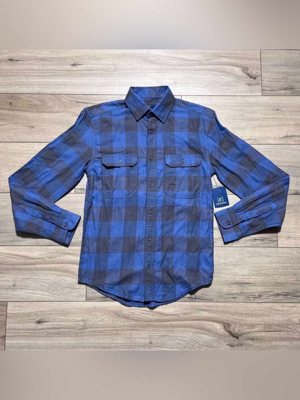 George Mens Long Sleeve Plaid Flannel Button Shirt Size XS Blue And Gray